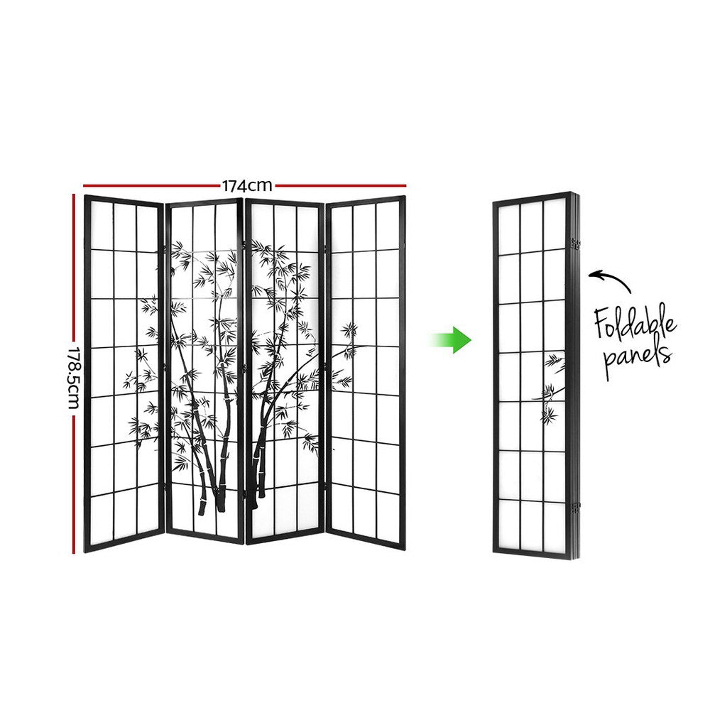 Shoji 4-Panel Room Divider Bamboo Black White