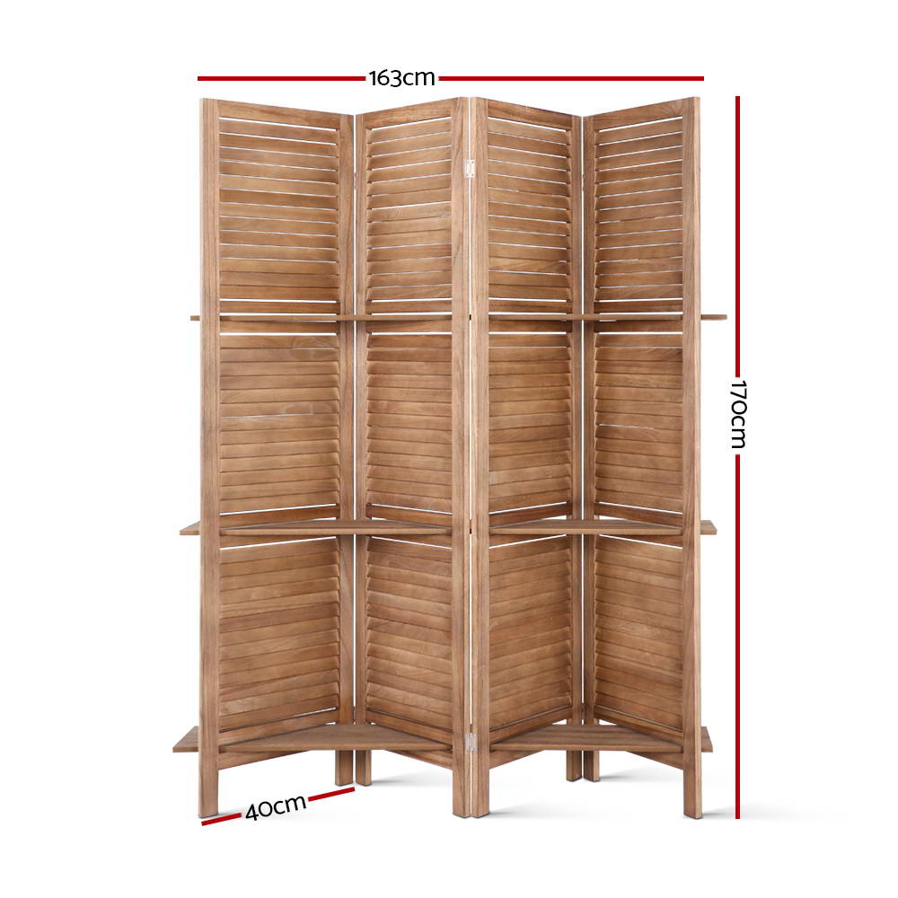 Oak 4-Panel Room Divider Screen with Shelves 163x170cm