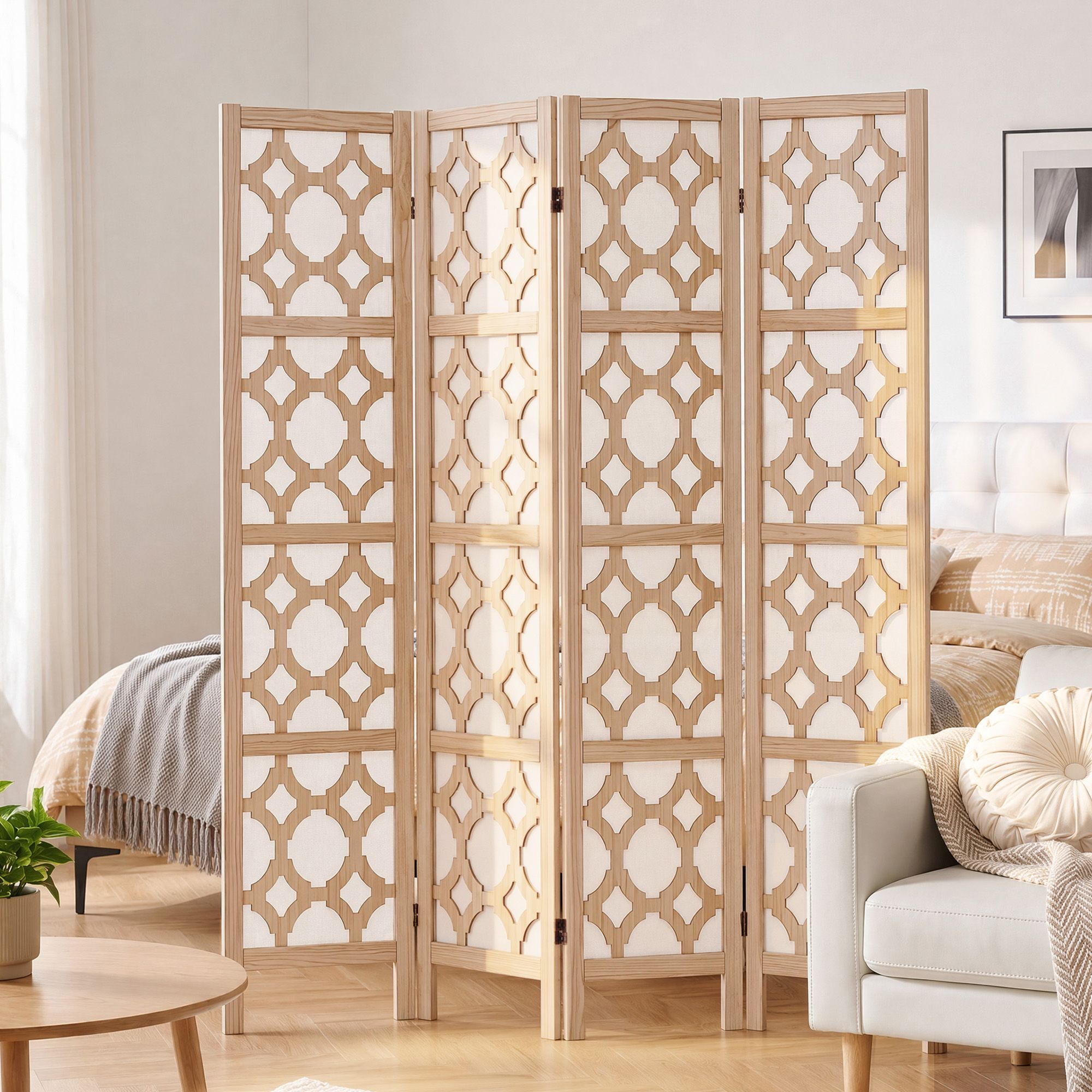 Artiss 4 Panel Room Divider Folding Privacy Screen Wooden Partition Geometric Freestanding Separator Natural 170cm