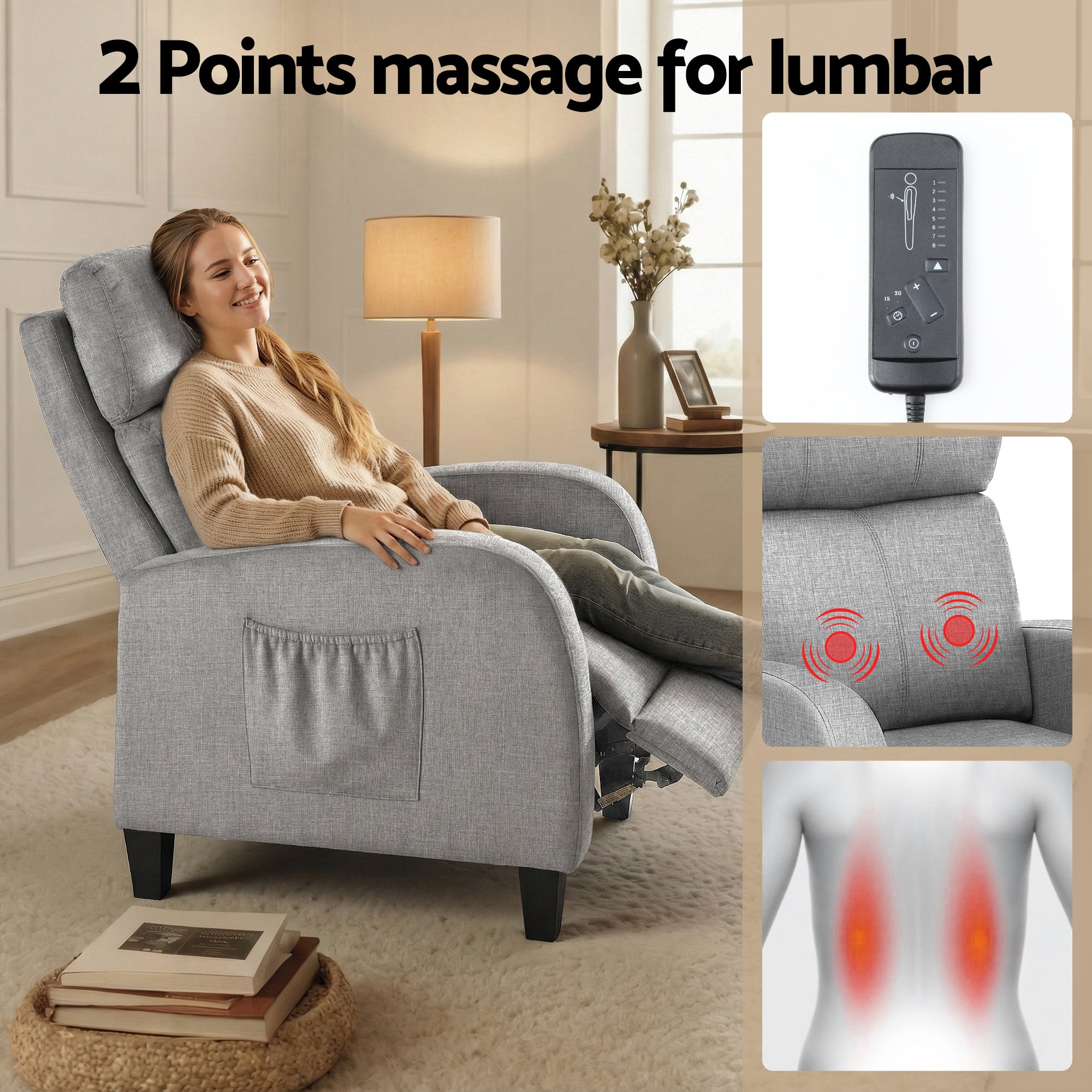 Artiss Massage Recliner Chair Small Recliner Sofa for Adults Fabric Grey