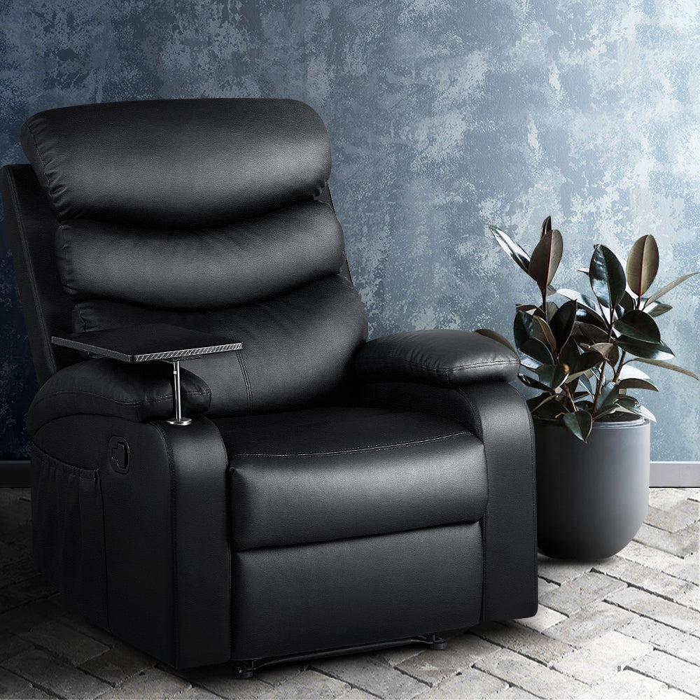 Erika Recliner Chair Leather Black Tray Table
