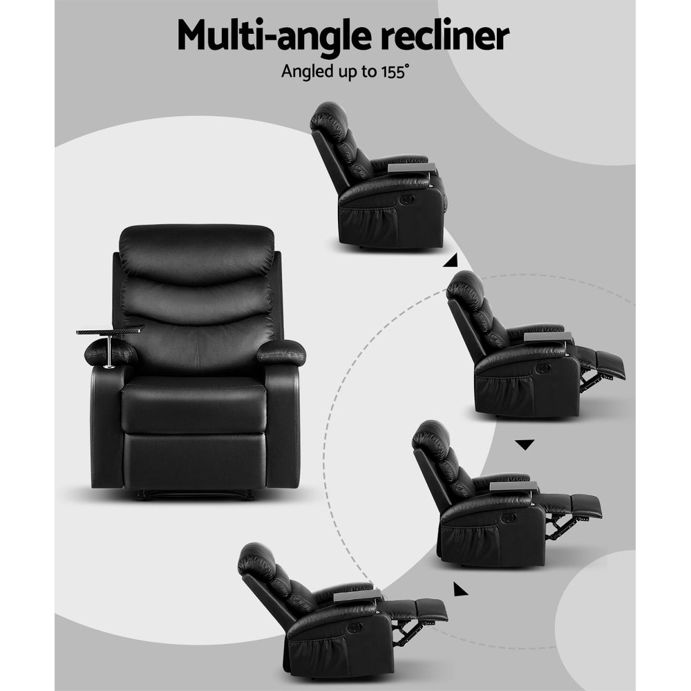 Erika Recliner Chair Leather Black with Tray Table