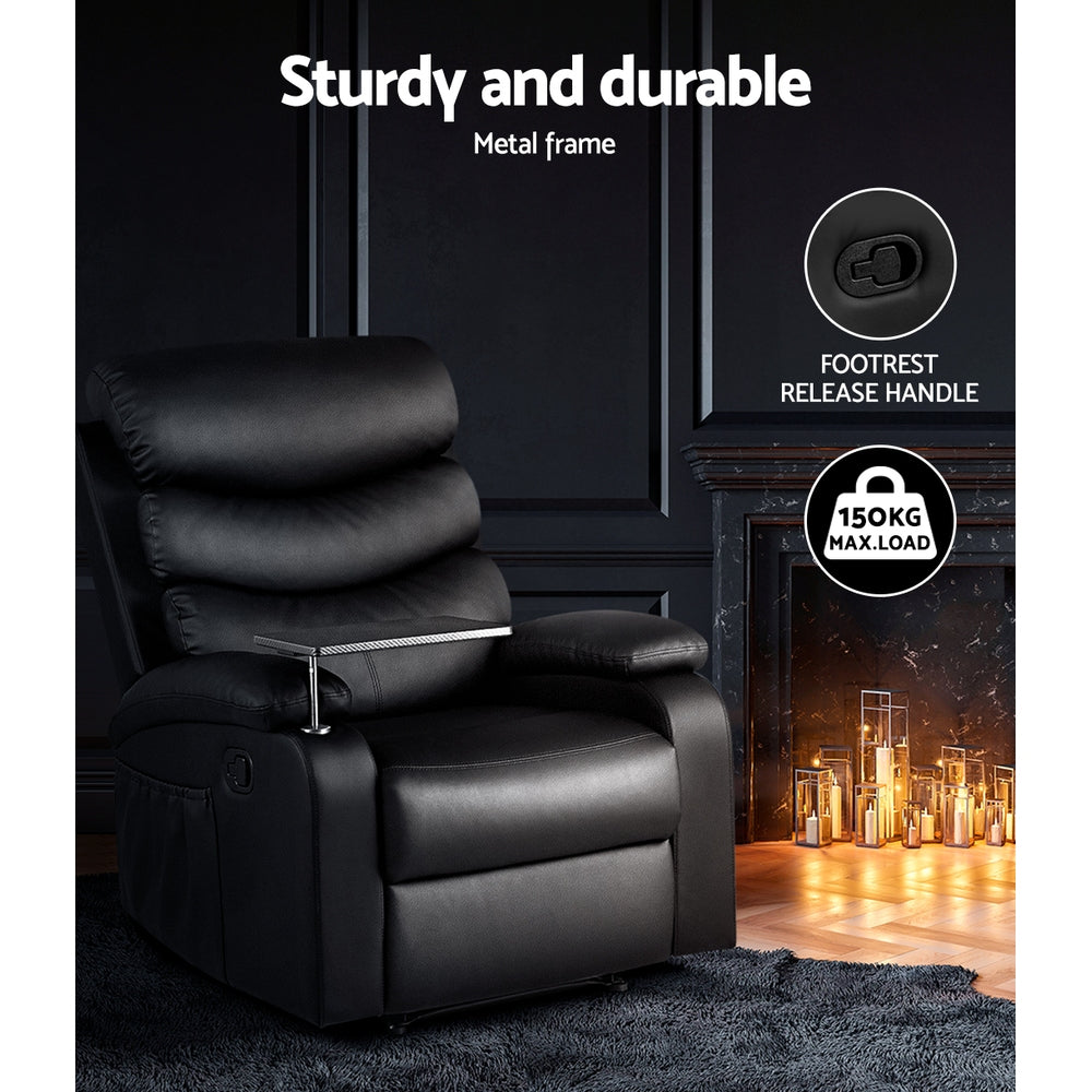 Erika Recliner Chair Leather Black with Tray Table