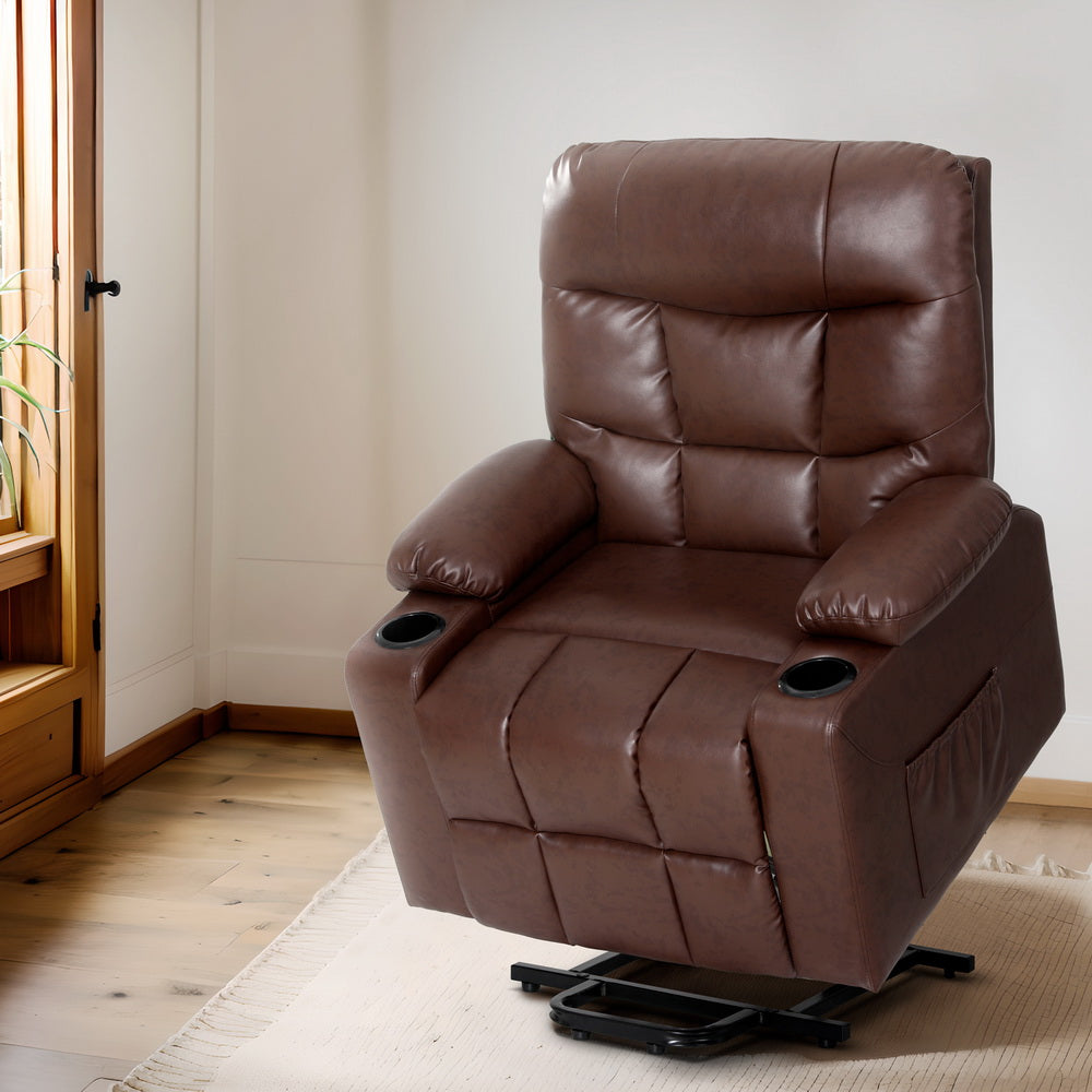 Claude Recliner Chair Lift Assist Heated Massage Leather Brown