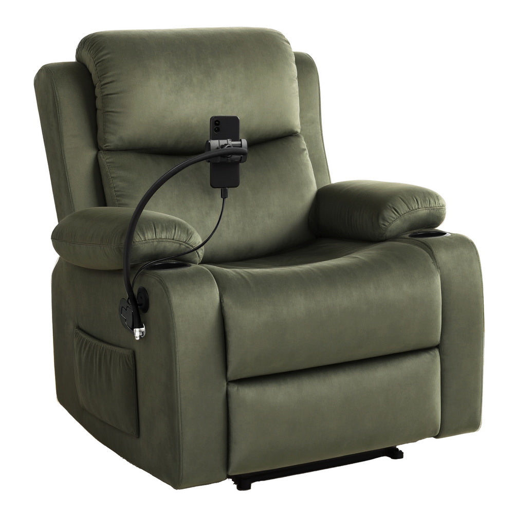 Artiss Velvet Recliner Chair Heated Massage Green