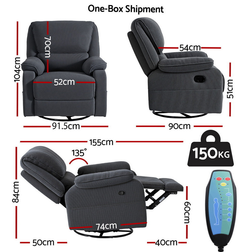 Artiss 360° Swivel Recliner Chair Heated Massage Grey Corduroy