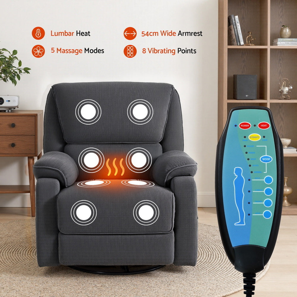 Artiss 360° Swivel Recliner Chair Heated Massage Grey Corduroy