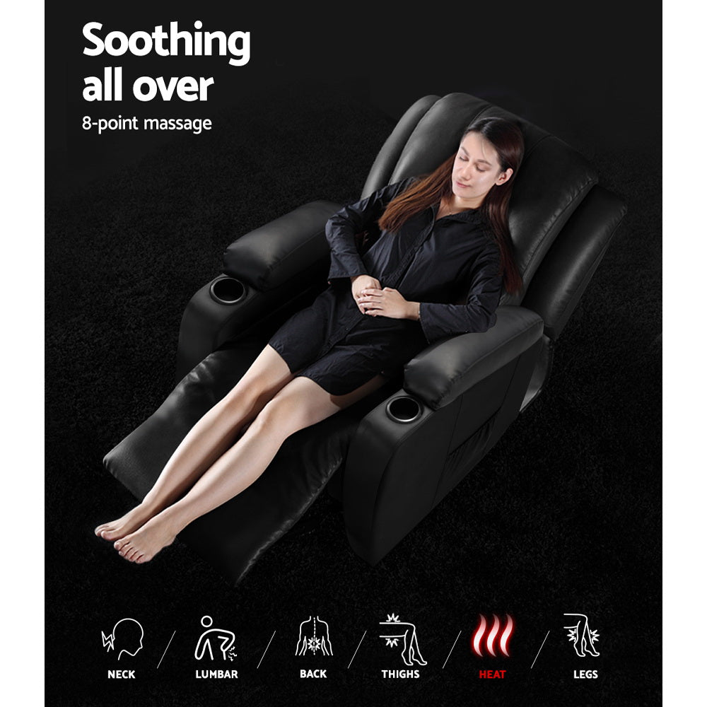 Cabin Electric Recliner Chair Heated Massage Faux Leather Black