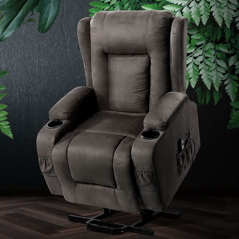 Rukwa Recliner Chair Lift Assist Heated Massage Velvet Grey
