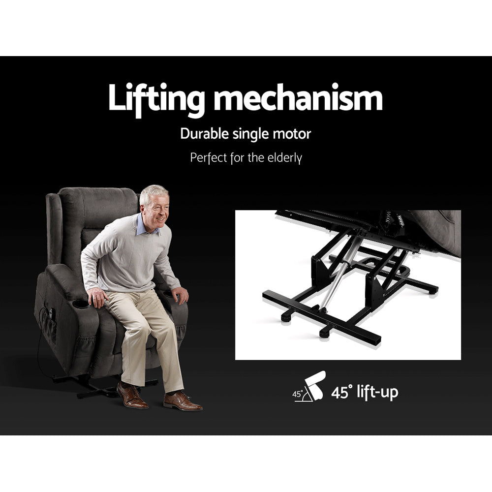 Rukwa Recliner Chair Lift Assist Heated Massage Velvet Grey
