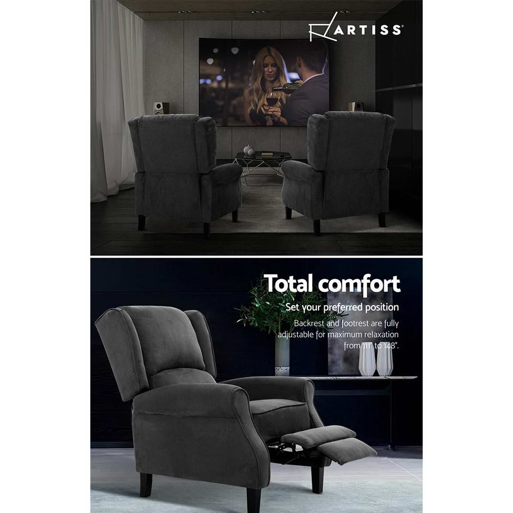 Artiss Charcoal Recliner Chair Adjustable Suede Lounge