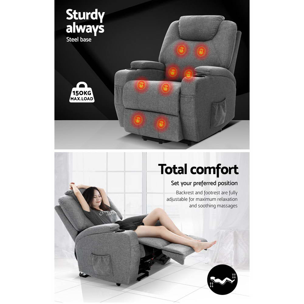 Milio Recliner Chair Lift Assist Heated Massage Velvet Grey