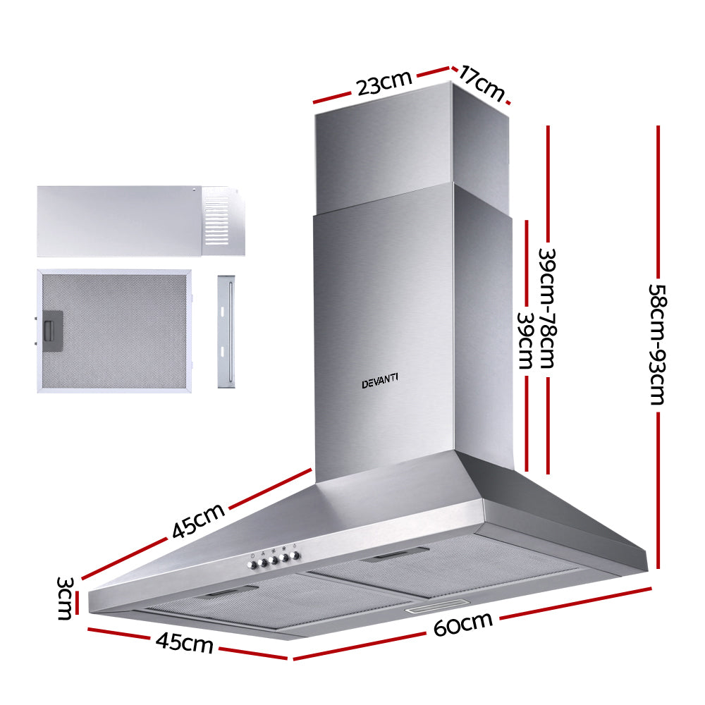 Devanti 600mm Wall Mounted Range Hood Stainless Steel
