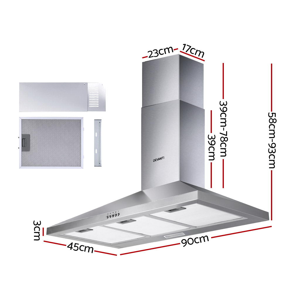 Devanti 900mm Wall Mounted Range Hood Stainless Steel