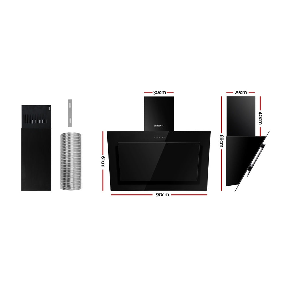 Devanti 900mm Wall-Mounted Rangehood Black Tempered Glass