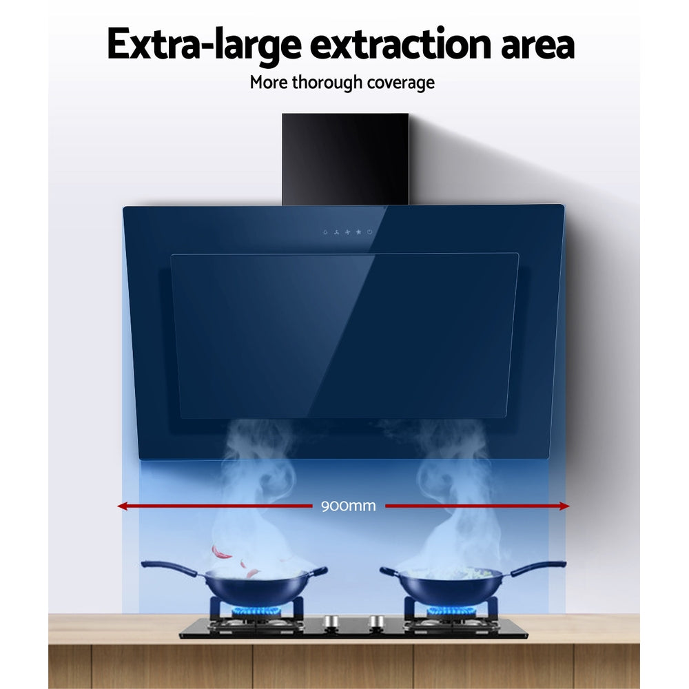 Devanti 900mm Wall-Mounted Rangehood Black Tempered Glass