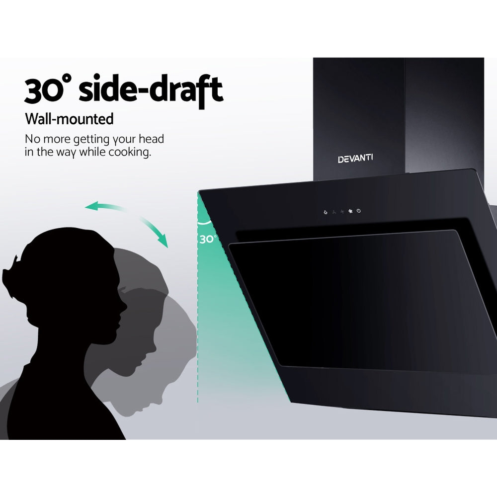 Devanti 900mm Wall-Mounted Rangehood Black Tempered Glass