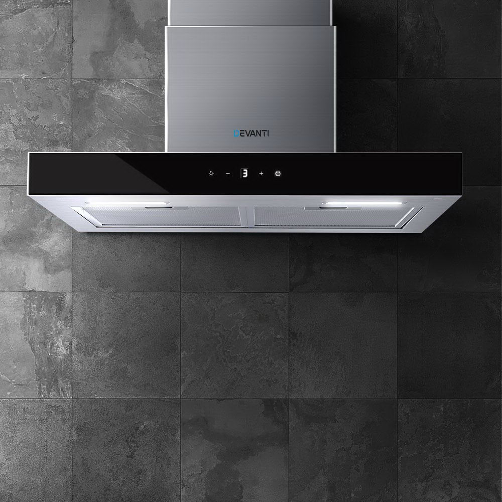 Devanti 60cm Wall Mounted Range Hood Black Glass Stainless Steel