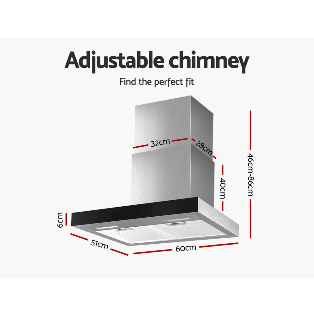 Devanti 60cm Wall Mounted Range Hood Black Glass Stainless Steel