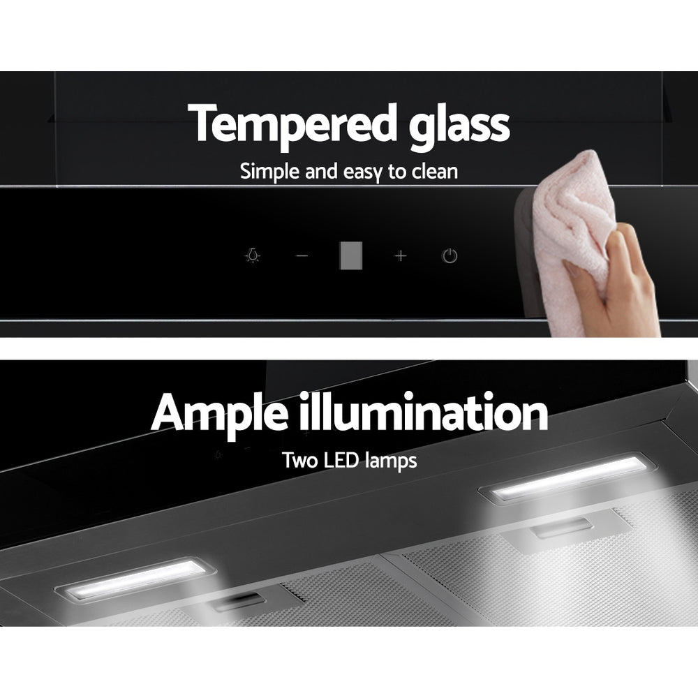 Devanti 60cm Wall Mounted Range Hood Black Glass Stainless Steel