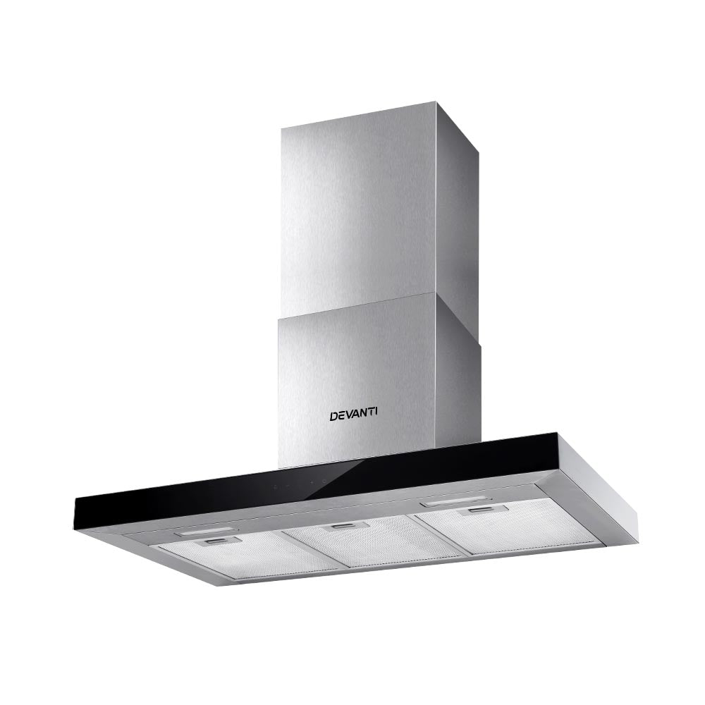 Devanti 90cm Wall-Mounted Range Hood Black Glass Stainless Steel
