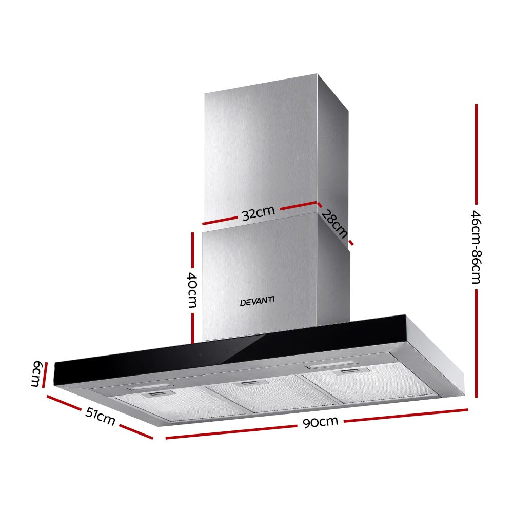 Devanti 90cm Wall-Mounted Range Hood Black Glass Stainless Steel