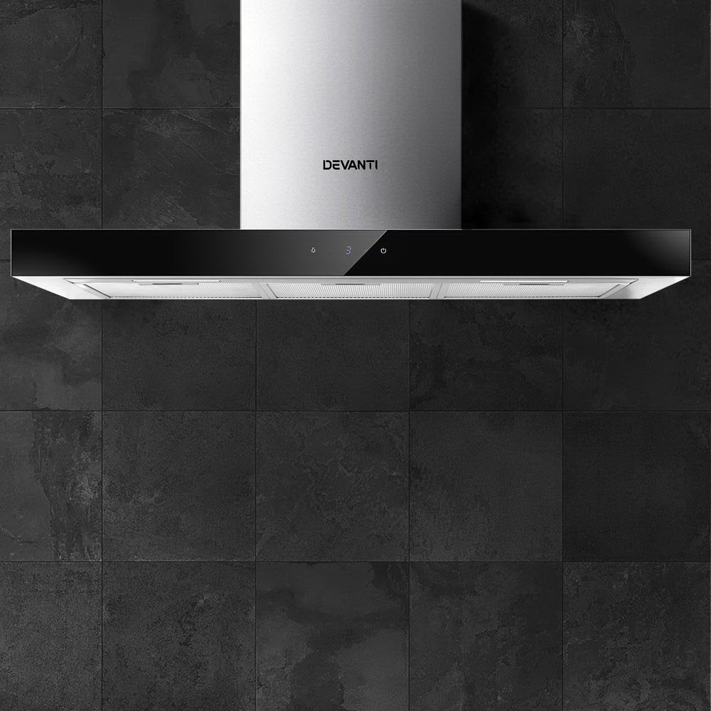 Devanti 90cm Wall-Mounted Range Hood Black Glass Stainless Steel