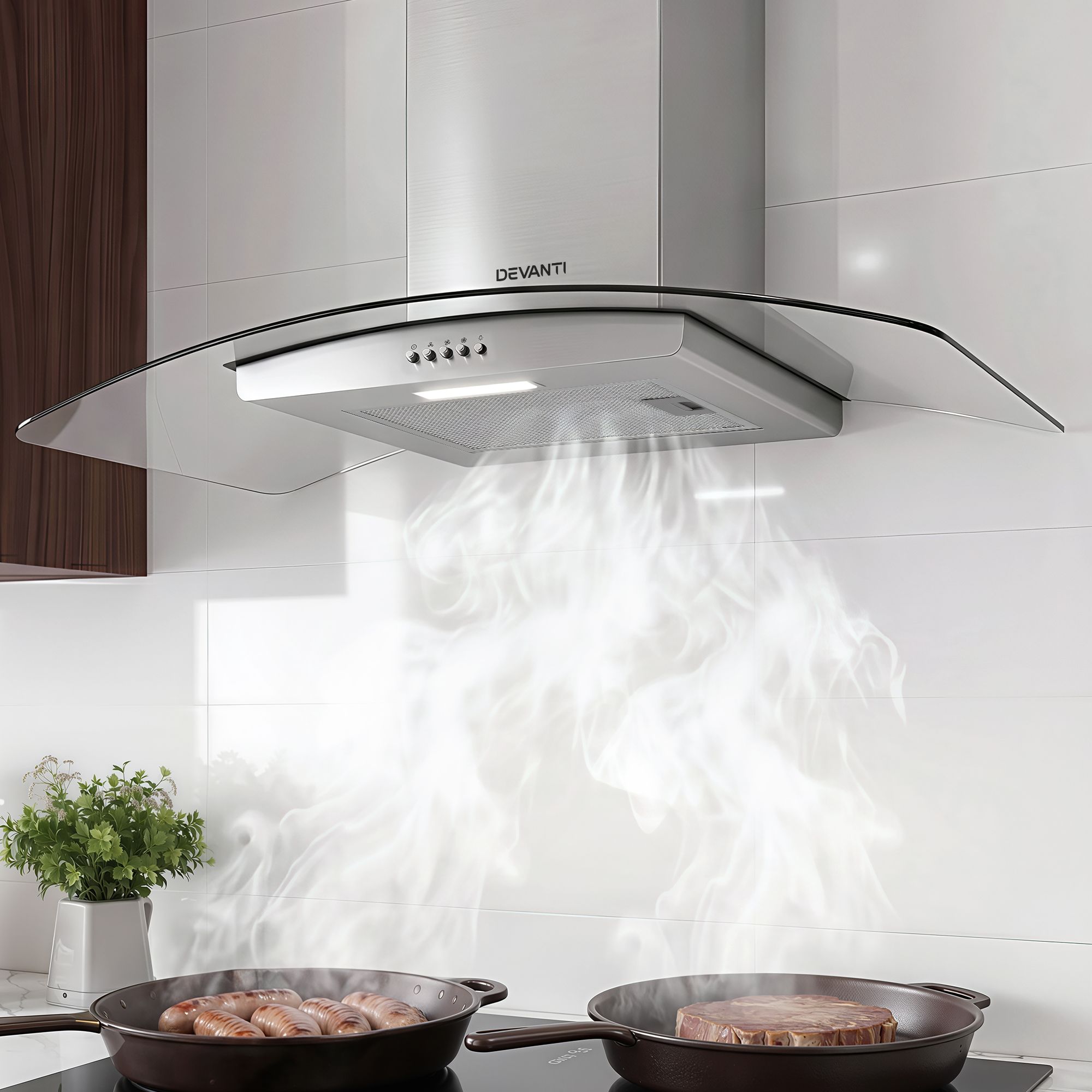 Devanti 90cm Curved Glass Canopy Range Hood Kitchen Rangehood