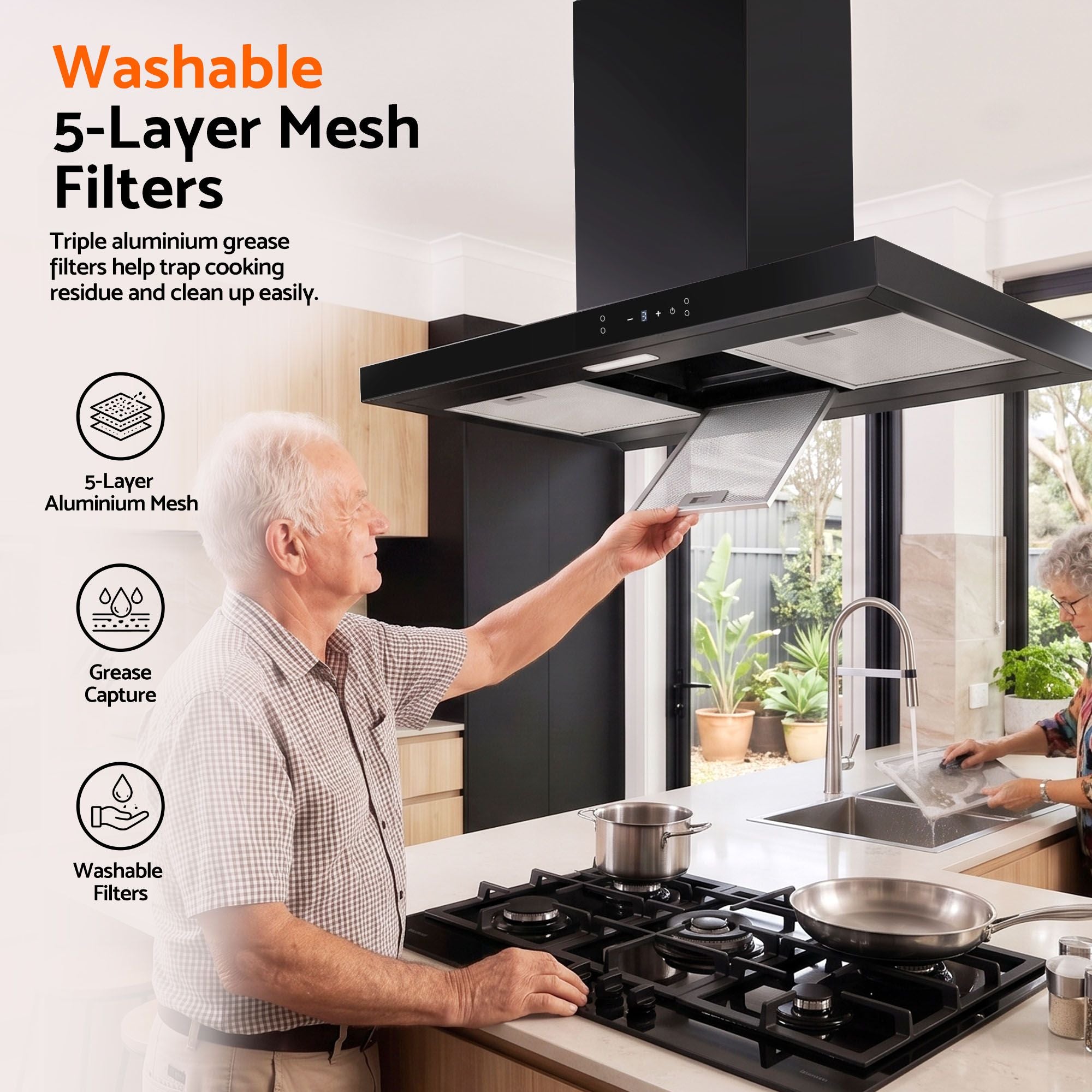 Devanti 90cm Island Rangehood Ceiling-Mounted 3-Speed Touch Control LED Black