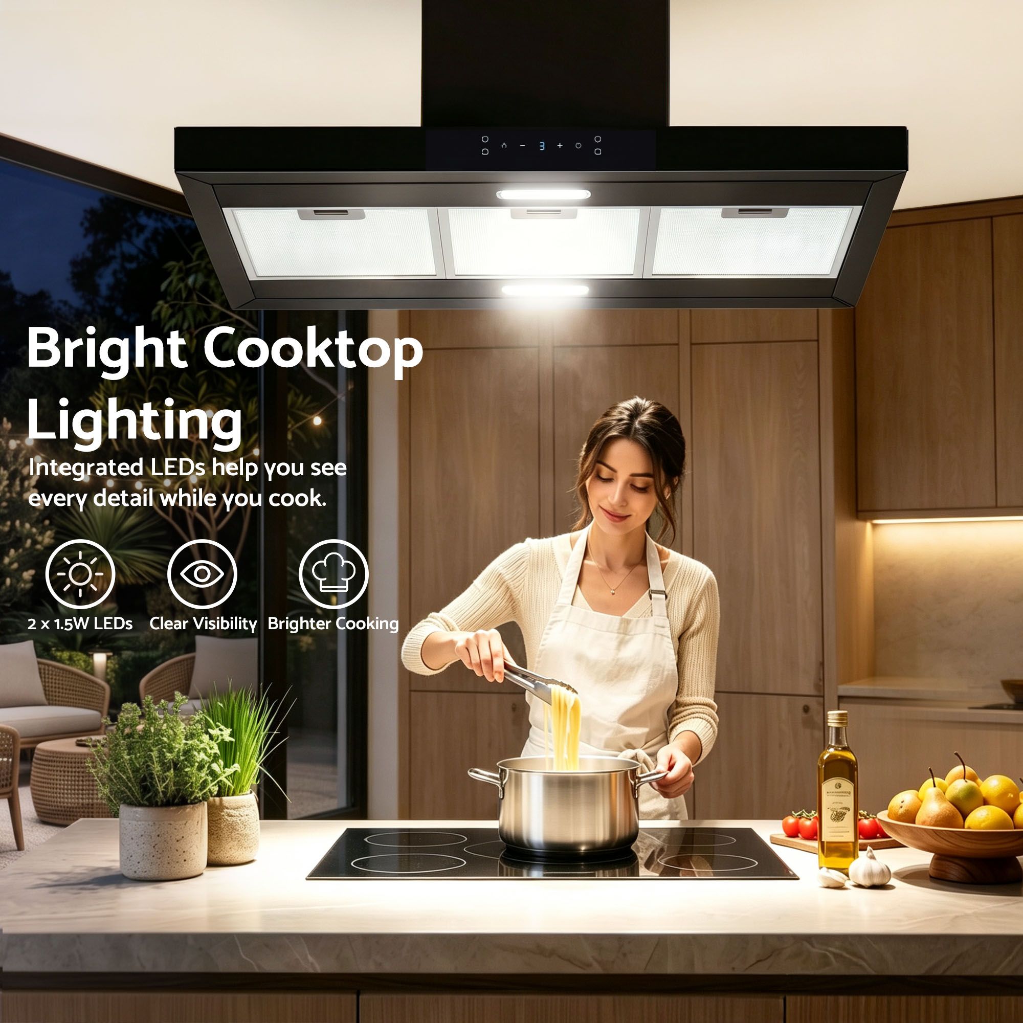 Devanti 90cm Island Rangehood Ceiling-Mounted 3-Speed Touch Control LED Black