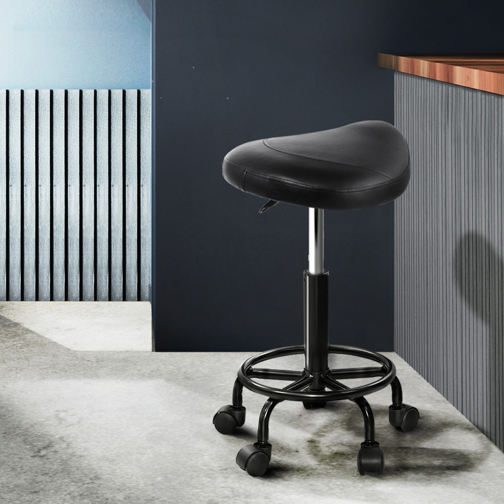 Artiss Saddle Swivel Salon Stool Black Adjustable PU Leather