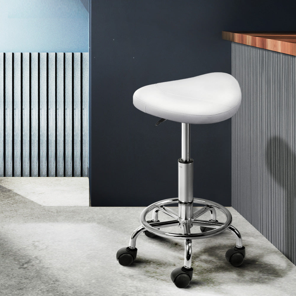 Saddle Swivel Salon Stool White Adjustable PU Leather