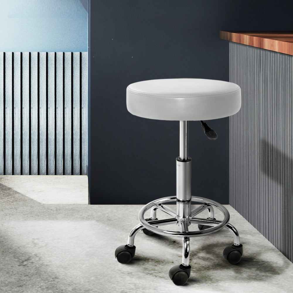 Artiss Round Swivel Salon Stool White PU Leather