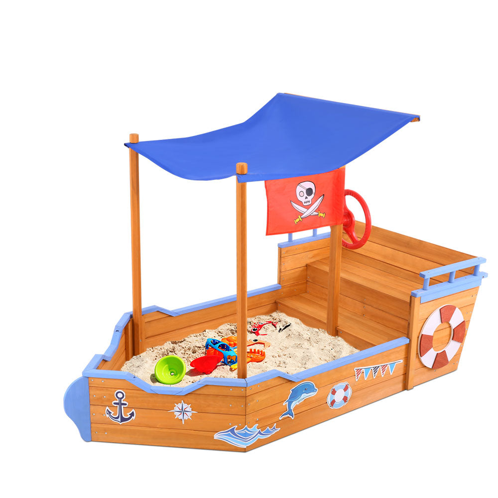 Keezi Wooden Boat Sandpit 165cm with Canopy & Bench Seat