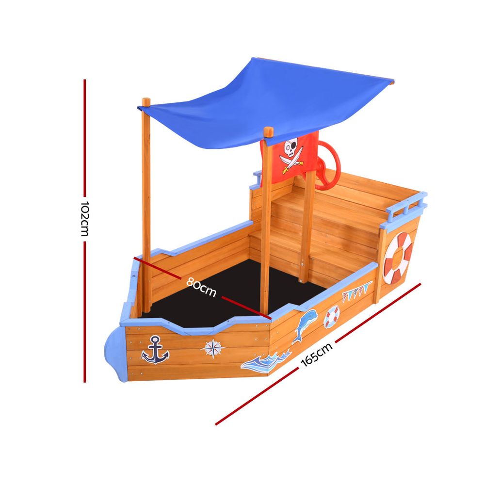 Keezi Wooden Boat Sandpit 165cm with Canopy & Bench Seat