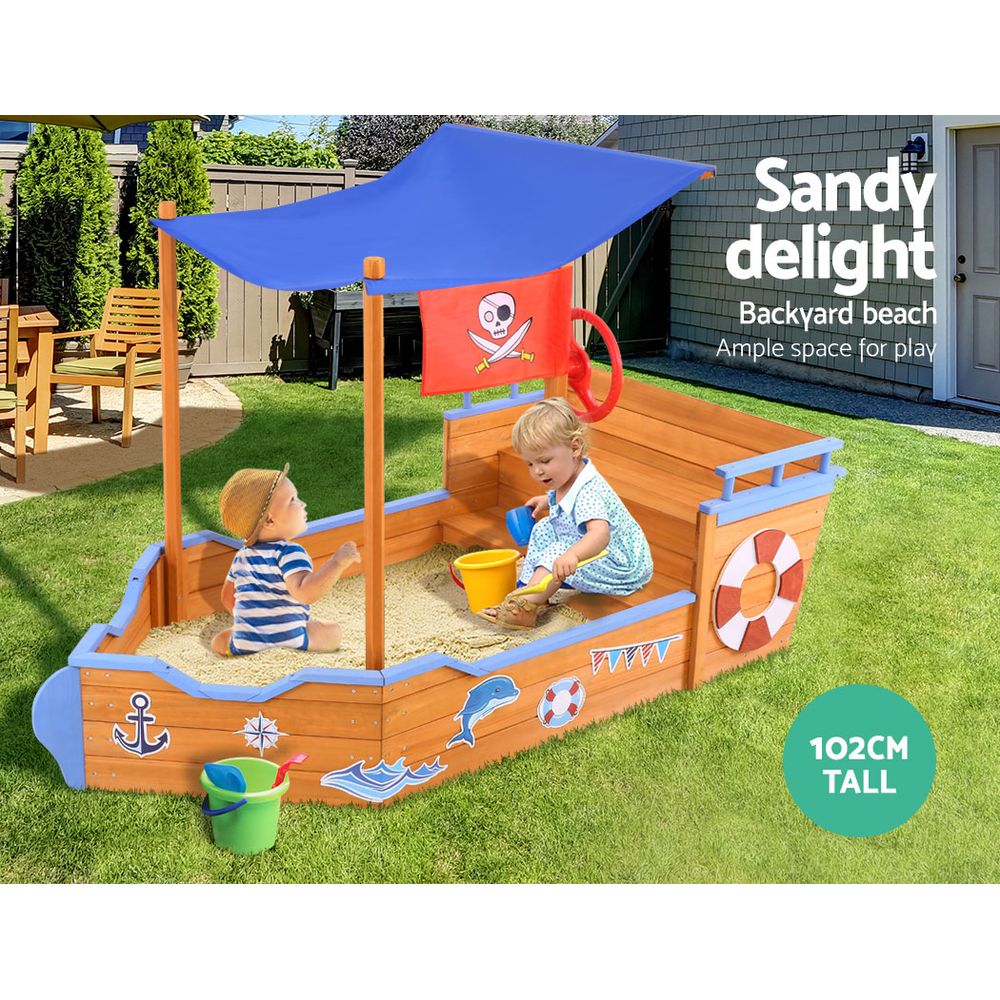 Keezi Wooden Boat Sandpit 165cm with Canopy & Bench Seat