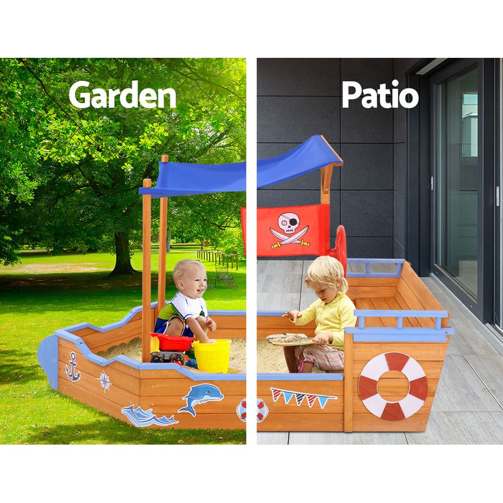 Keezi Wooden Boat Sandpit 165cm with Canopy & Bench Seat