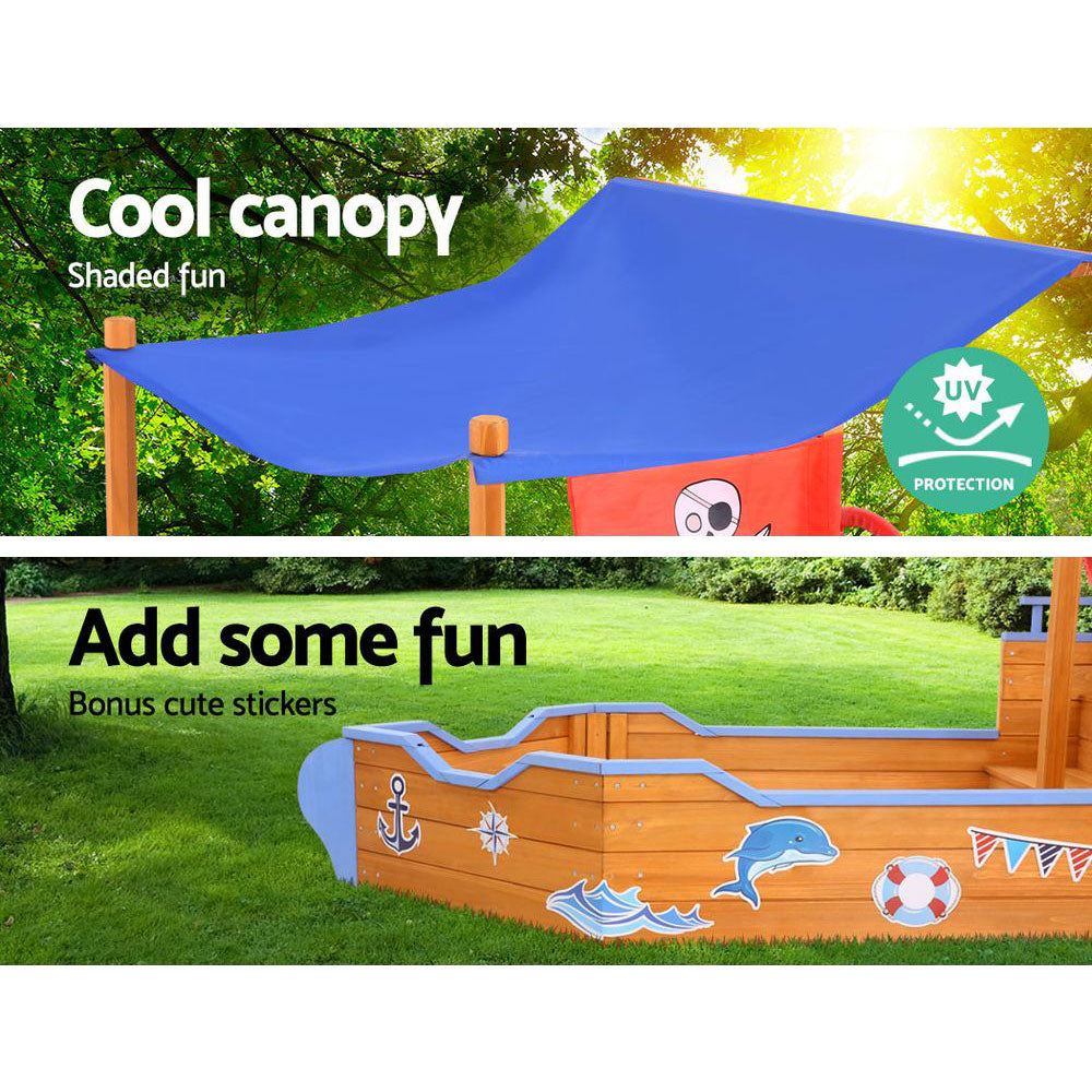 Keezi Wooden Boat Sandpit 165cm with Canopy & Bench Seat