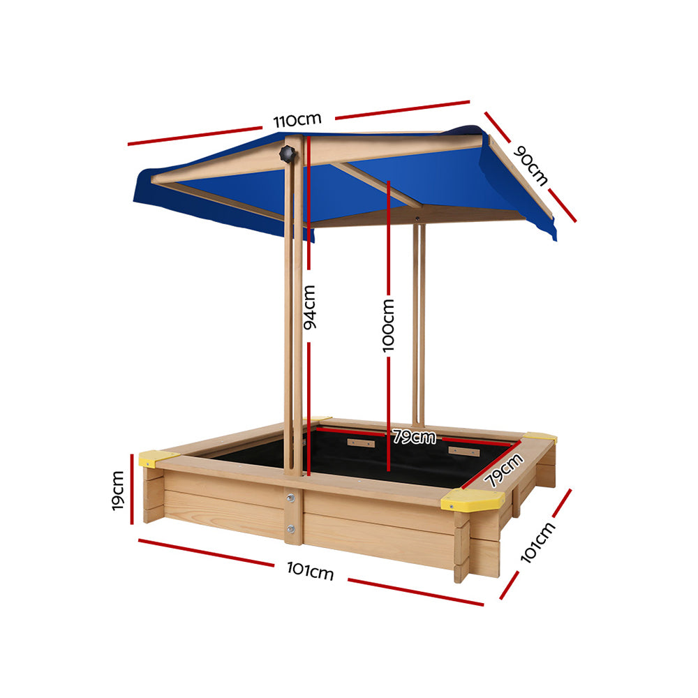 Keezi 101cm Kids Wooden Sandpit with Adjustable Canopy and Bench Seat