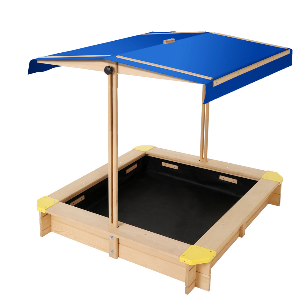 Keezi 101cm Kids Wooden Sandpit with Adjustable Canopy and Bench Seat
