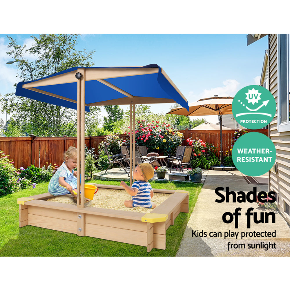 Keezi 101cm Kids Wooden Sandpit with Adjustable Canopy and Bench Seat