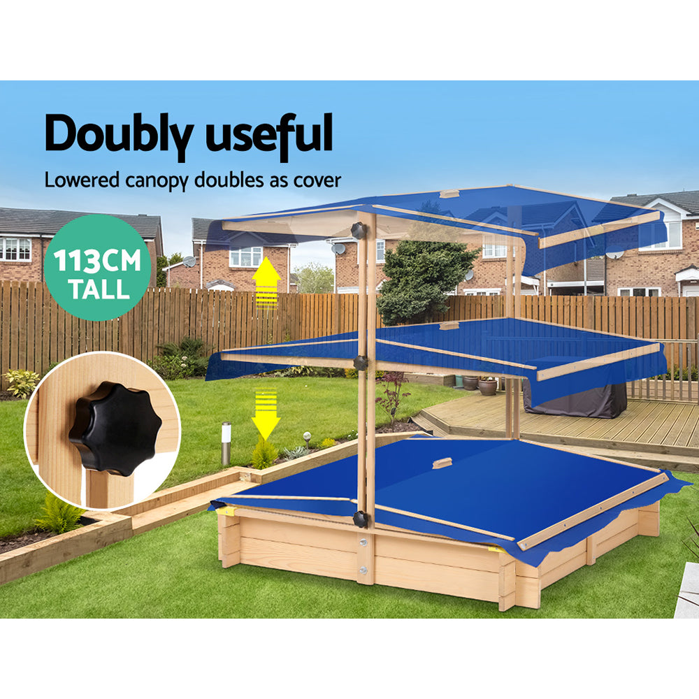 Keezi 101cm Kids Wooden Sandpit with Adjustable Canopy and Bench Seat