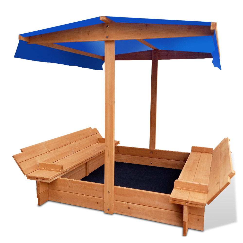 Keezi 120cm Wooden Sandpit with Canopy and Foldable Seat for Kids