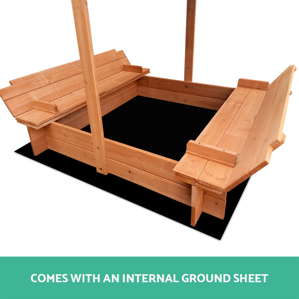 Keezi 120cm Wooden Sandpit with Canopy and Foldable Seat for Kids