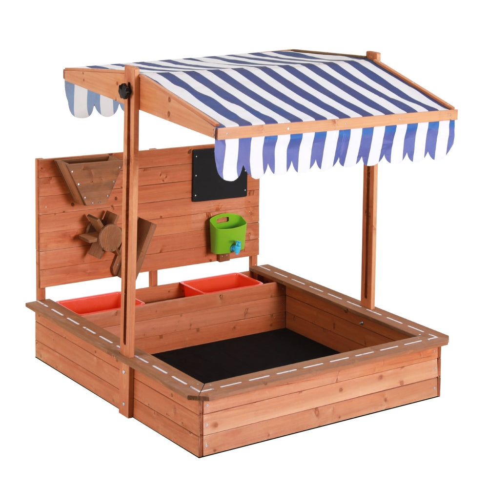 Keezi 110cm Kids Wooden Sandpit Canopy Sandbox Oak Stripe Blue/White