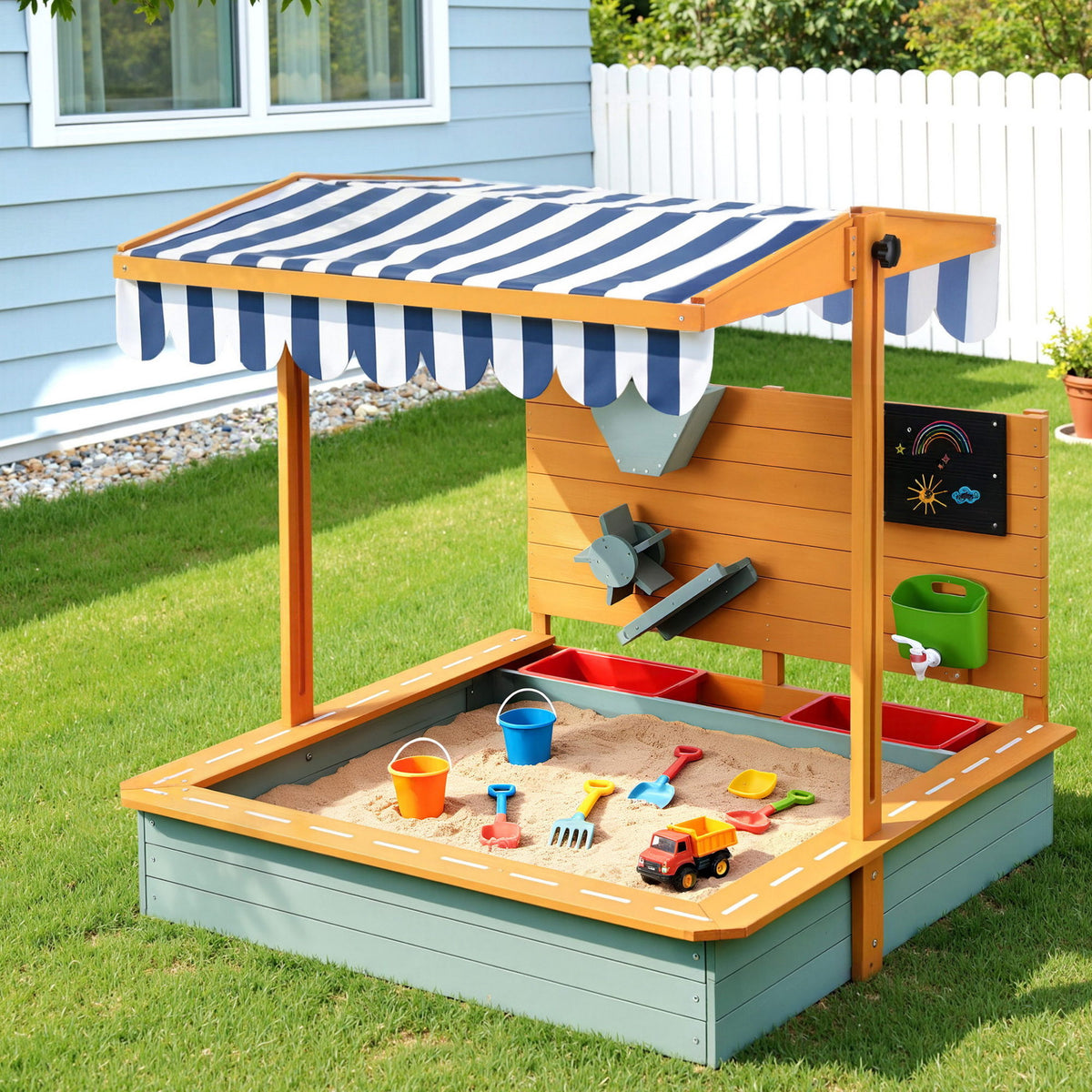 Keezi Kids Wooden Sandpit With Canopy and Cover 110cm Green