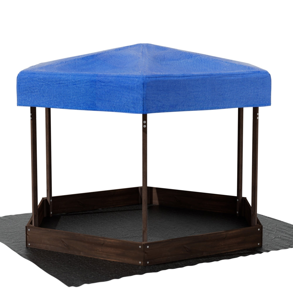 Keezi 182cm Wooden Hexagon Sandpit with Canopy Walnut