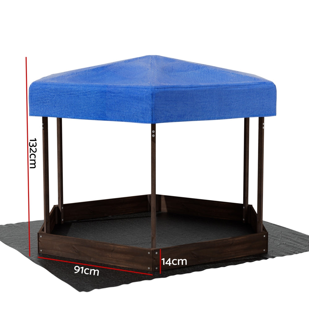 Keezi 182cm Wooden Hexagon Sandpit with Canopy Walnut
