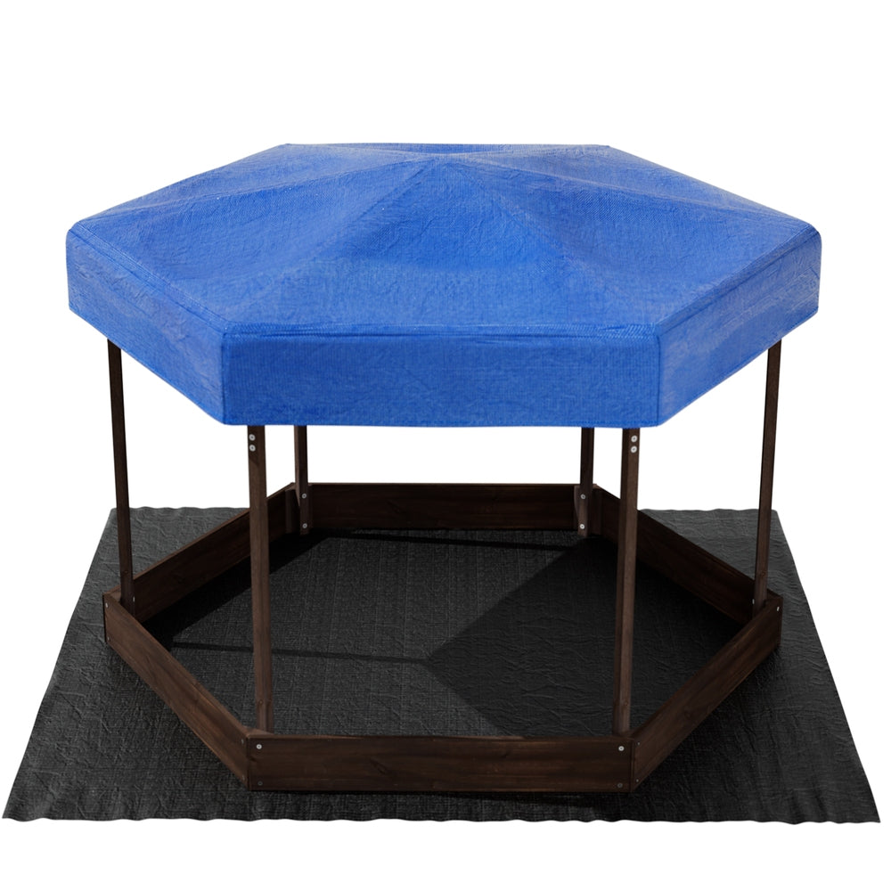 Keezi 182cm Wooden Hexagon Sandpit with Canopy Walnut