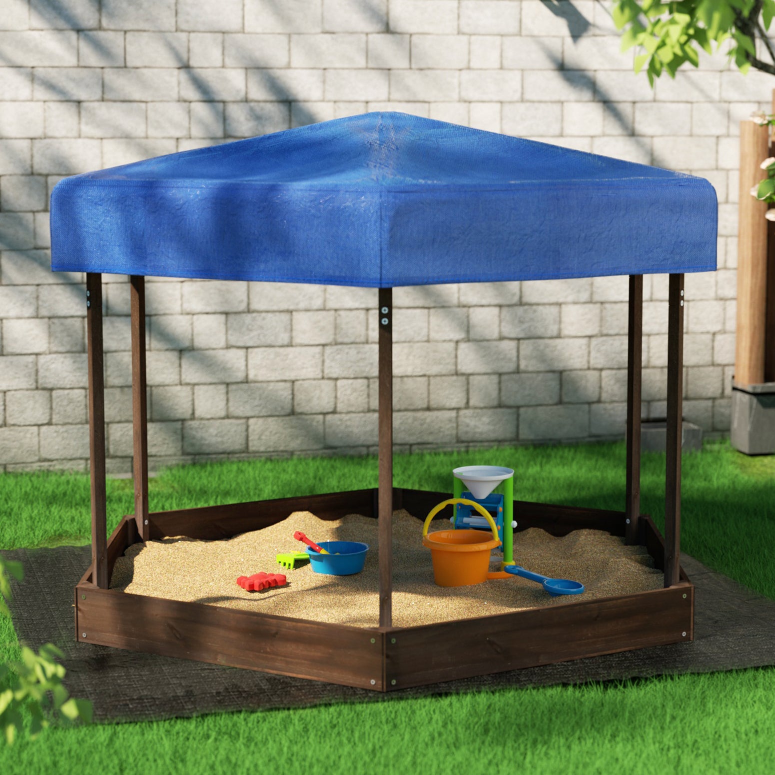 Keezi 182cm Wooden Hexagon Sandpit with Canopy Walnut